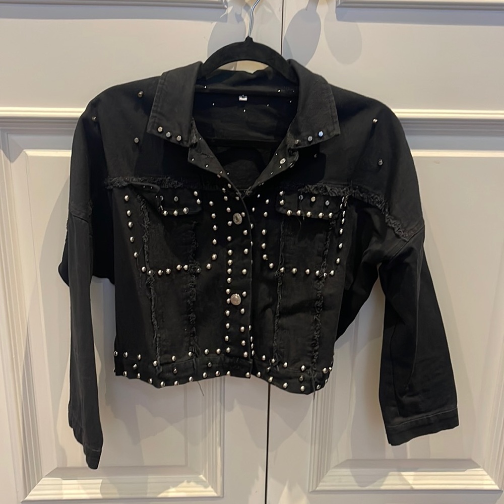 Black Denim Studded Cropped Jacket